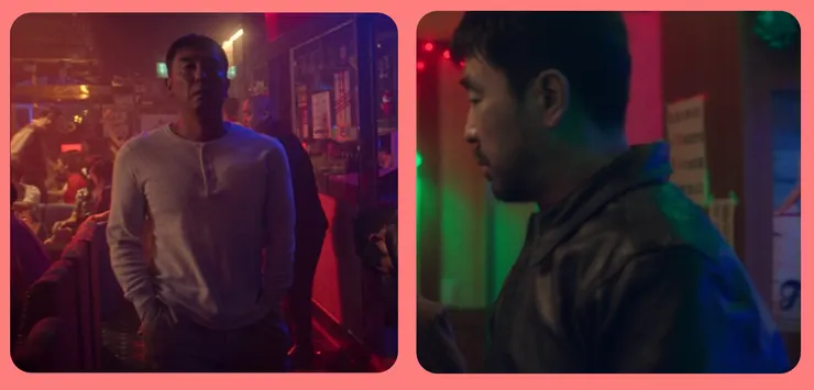 圖左為1990年7月後，鬍子刮乾淨，擔任黑道打手的張洙源。圖右則是1991年1月後，滿臉鬍渣，不修邊幅當房裡蹲的張洙源。無論是哪個時間點，背景的光線都有些類似。（Source: Disney+）