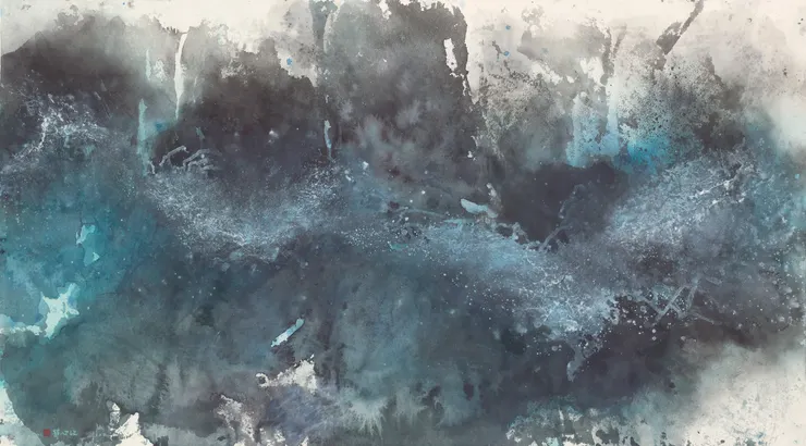 2019 -江心靜-思網系列-瀟湘水雲 -142x79 cm-水墨設色紙本