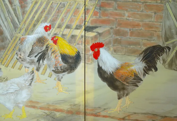 〈後院清晨〉局部－雞隻