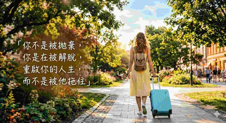 一位女性在陽光下重啟人生的示意图，象徵 12 年孽緣被斬斷後，她走出心靈牢籠，由賽思心靈法術提供。