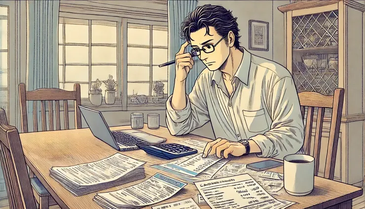 中年人在餐桌上計算開銷，桌上有帳單、計算機和筆電