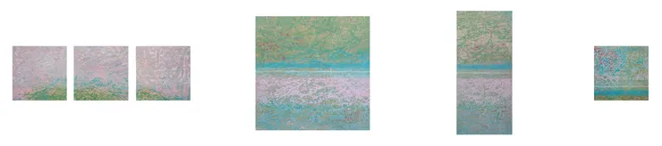 積吶虹光〈虹-雲紋路〉，2016年，壓克力顏料、紙。此虹的色彩充滿詩意和夢幻，筆觸採用雲朵的紋理、形狀特徵，因而賦予整件作品一種柔軟、流動的感覺，將柔軟的雲朵和豐富的虹結合，帶給觀眾充滿詩意和意象的視覺體驗，同時啟發對生命和藝術的深層思考，整體風格傾向於抽象、夢幻與象徵主義，引發對自由的思索，或讓觀眾能夠在其中自由解讀。