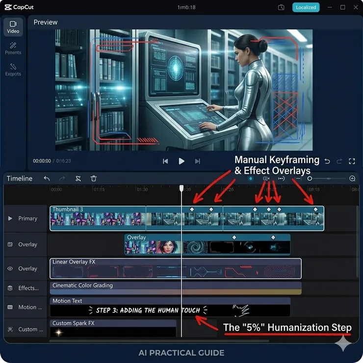 CapCut剪輯軌道實測：手動添加關鍵幀（Keyframes）與疊加特效，實現AI短影音「真人化」微調
