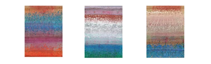 積吶虹光〈虹-雲紋路〉，2019年，壓克力顏料、紙，每一幅88 X120 cm (合計3幅)。積吶虹光以色彩斑斕多彩的虹為基礎色調，作品筆觸採用如雲朵的形狀和紋路，使畫面帶有柔和、飄逸的感覺，將虹與雲朵巧妙結合，形成積吶虹光獨創的視覺風格，並透過多重意象展現出豐富的想像力和情感。整體風格傾向於抽象、夢幻與幻想，呈現出一種超越現實的感覺，同時，作品也透露著對自然元素的敬仰和詩意的探索。