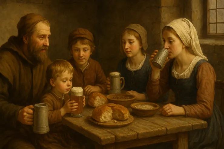 中世紀歐洲家庭圍坐餐桌共進餐點，桌上擺放低酒精小啤酒，反映當時飲水不安全，啤酒成為日常飲品的歷史場景。