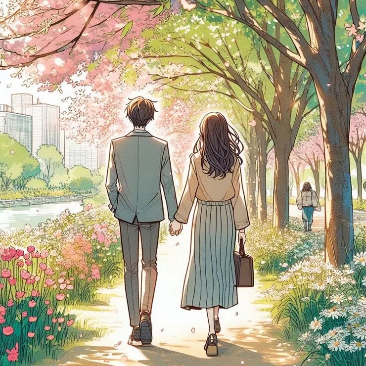 我們牽著手在公園裡漫步