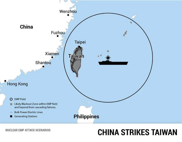 「電磁脈衝核彈攻擊方案暨聯合軍種網路戰」報告插圖,模擬中國使用EMP空襲臺灣的衝擊範圍