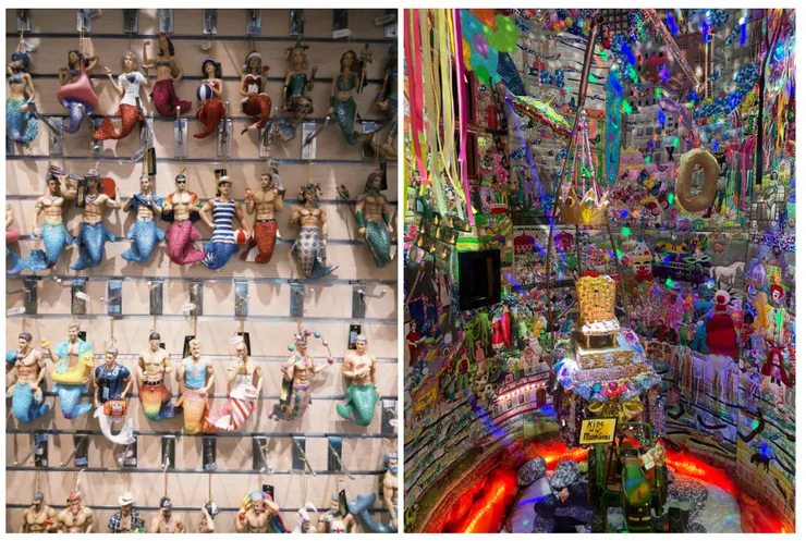 商店裡的LGBTQ美人魚的聖誕吊飾＆Jamnola藝術館內以Mardi Gras狂歡節為靈感的創作