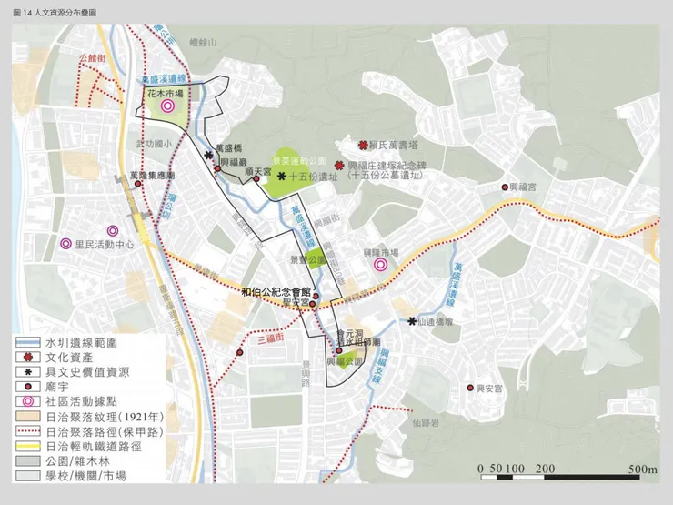 依山水圳策略地區涵蓋人文歷史景點（圖片來源：依山水圳策略地區都市更新空間再生作業準則）