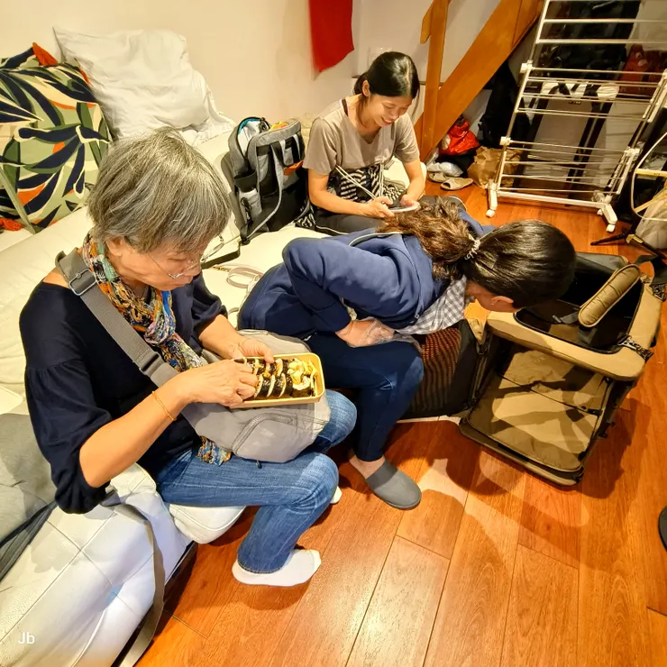 【正式開車上路前，先到巴黎近郊怡青朋友俊佑處寄放大行李廂，因為要帶阿肥和牠的狗狗推車，使得休旅車置物空間不足。說到狗推車，還是怡青特地在台灣訂購，再由女兒隨身帶來，可謂大費周章。圖為在俊佑家小事休息，怡青正在研究狗狗推車。】