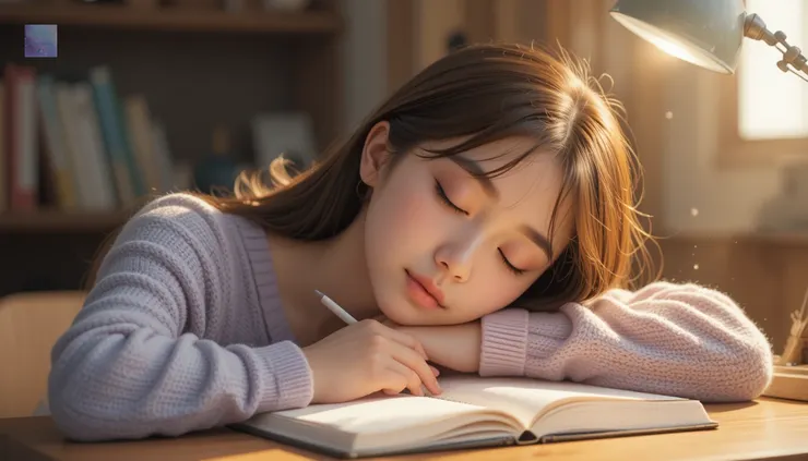 沐曦的頭微微歪向一邊，眼睛閉著...她睡著了...