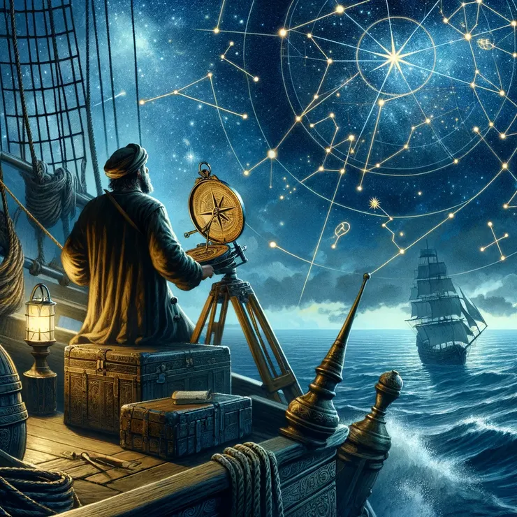 航海者依靠星座確定海上位置，尤其是北極星在北半球的導航作用至關重要。