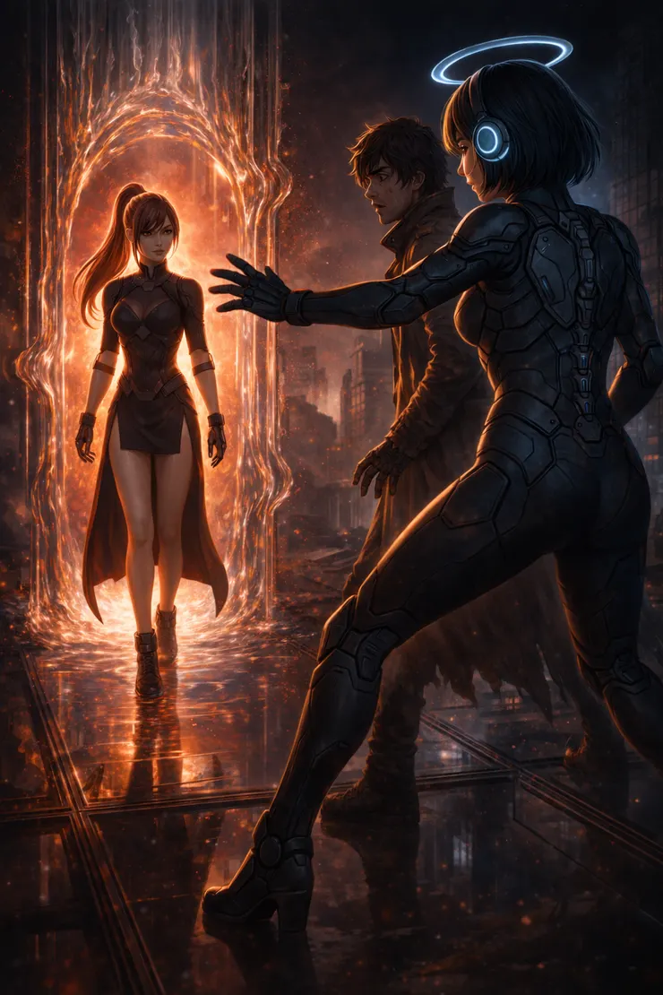 ​【插圖 #5】 神秘訪客的殘響步出烈焰裂縫，陽翔與優娜錯愕對峙