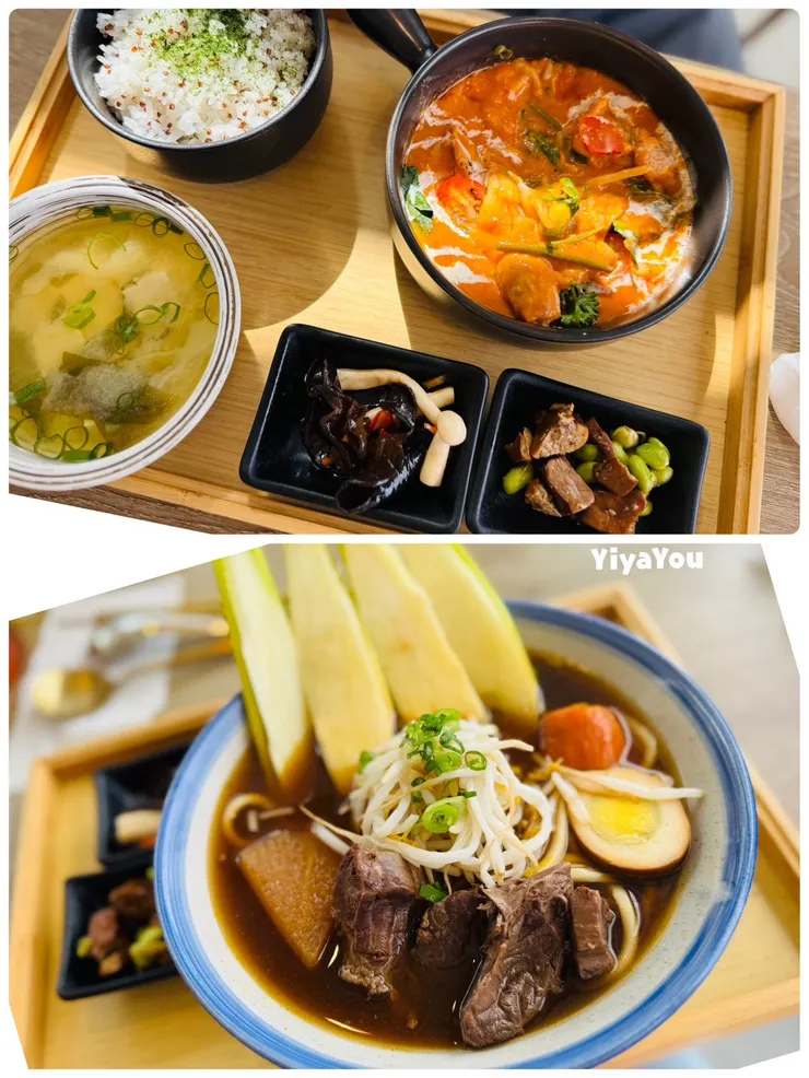 使用在地食材製作的餐飲，我們點了筊白筍牛肉麵，起士拉絲雞跟日式虎斑豆腐，每道都很好吃。