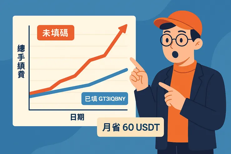 長期使用幣安推薦碼「GT3IQBNY」可大幅降低交易手續費,圖中顯示月省60 USDT 的對比效果