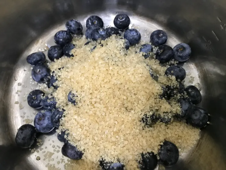 二砂糖和藍莓放入盆內
