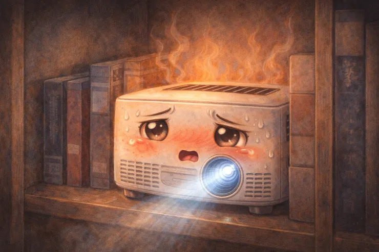 被放在书柜中的智能投影仪因进气口受阻而过热，表情如发烧般吃力运作，记录着梁练伟家的日常失误