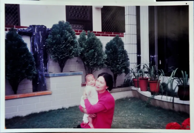 約1991年初，女兒出生幾個月，看看背後庭院南側的柏樹多大了！