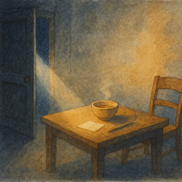 門縫一指光：這一晚，先把刺放在火邊，讓它鈍下來；話留在桌心，光留在門縫。