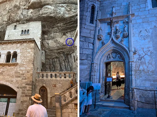 (左)藍色圈起來的地方有一把叫做迪朗達爾Durandal 的石中劍，出於史詩羅蘭之歌裡面的聖騎士羅蘭。據傳他在奧克西塔尼南部靠近庇里牛斯山附近慘遭埋伏，不願寶劍落入敵人手中便將劍往北部投擲，然後劍就飛了好幾公里插在侯卡馬度的石縫中。