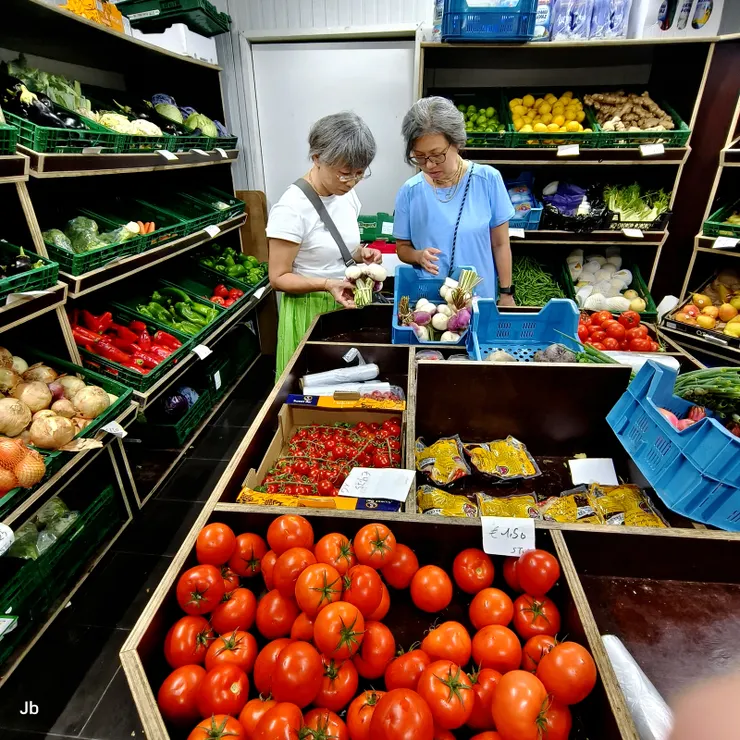 【奉獻者有機會就自己煮食，吃得比較安心。老婆和Jayasri在蔬果店買菜，就在麵包店對面，超方便。】