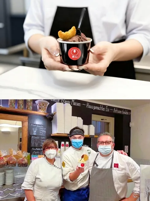 （上圖）辛辣可可創義冰淇淋口感口感層層交織微麻微苦微辣。（下圖）Crazi Gelato創義冰淇淋主廚peter(中) 承襲義大利大師Marco技藝。圖/農心提供