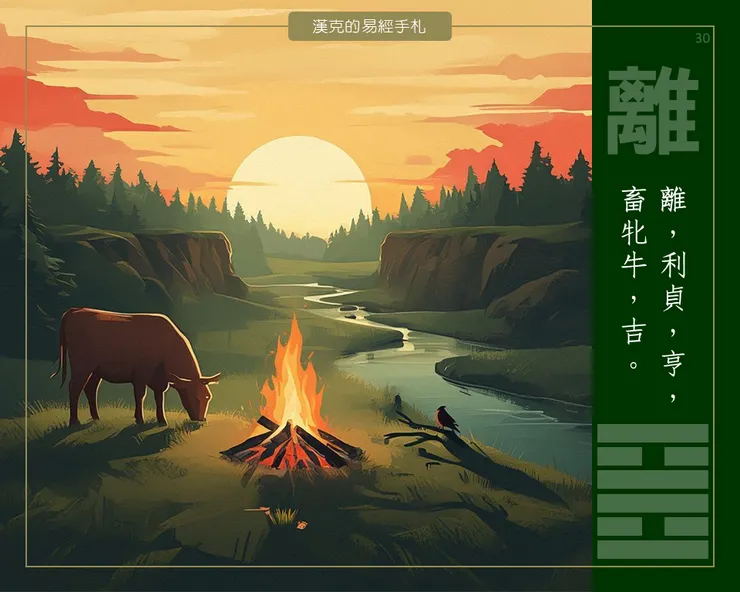 圖：離卦，加倍光明，活成柔和的光，帶來文明及希望，薪火相傳。  （漢克設計，AI生成圖）