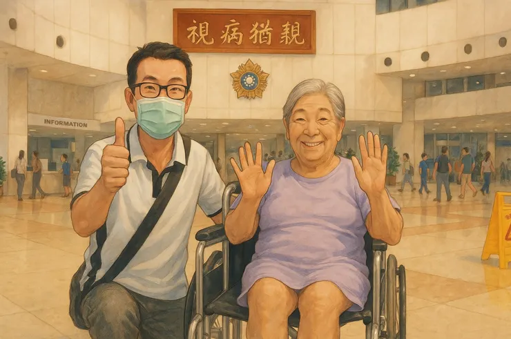 AI生成圖，我媽媽出院時在台北榮總中正樓的照片，牆上的匾額有「視病猶親」四個大字
