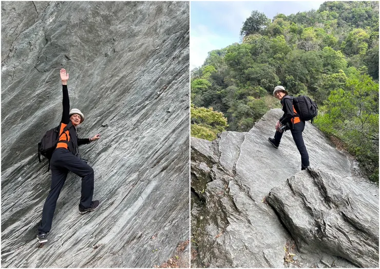 【慢賞徐行大塊文章鬼斧神工！貎似驚險攀高，離地不過一尺。佳源攝。】