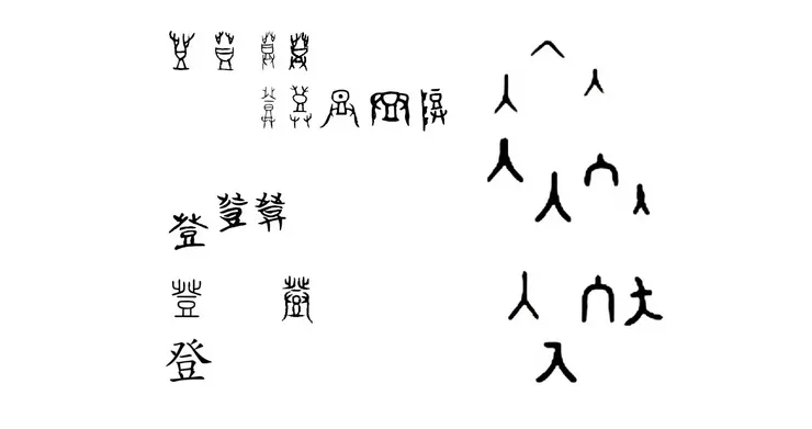 【附圖：「登、入」字形演化 / enter 一字也可以通過橋接式「enter = E聯豆入 = EE豆入 = ⴺⴹ豆入 = 癶豆入 = 登入」轉換漢字「登入」，其中符號「ⴺⴹ」約略象徵漢字「登」之象形文中上部的一對符號「止」，此符號後世在漢字中又演化爲符號「癶」】
