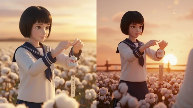 左邊：詳細描述「用指尖捏著風鈴上的吊繩頂端」｜右邊：只寫「拿風鈴」