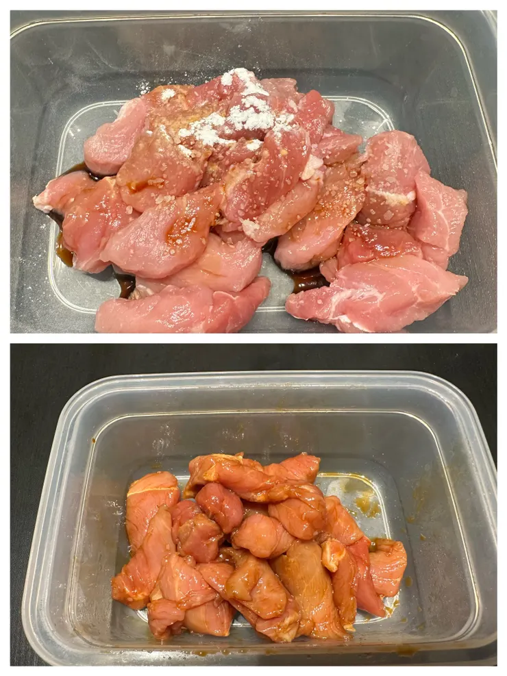 豬肉倒入醬油、鹽、太白粉抓均備用