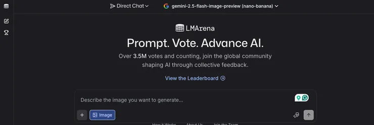 在 LMArena 頁面上方選「Direct Chat」才能直選 Nano Banana