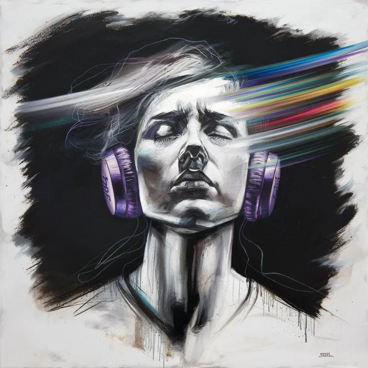 An abstract painting with sweeping gestural strokes of charcoal and pencil. The artwork incorporates acrylic paints, pigment muted ink, and plaster art. The minimalistic and impressionistic style is evident in the blurred abstract depiction of a mesmerizing and vibrant artwork featuring a captivating and haunting minimalist sketch of a man struggling to wake up from her dreams, wearing purple JBL headphones. The pencil drawing is rendered in black and white, with subtle shades of grey, emphasizing the intensity of her expression. Her eyes are closed, and her face is bathed in a soft, ethereal light. The background is a dark void, with streaks of vibrant colors gradually emerging, symbolizing the transition from dreams to reality. The overall atmosphere of the sketch is thought-provoking and emotionally charged, leaving the viewer pondering the complex nature of consciousness and the thin line between dreams and waking life