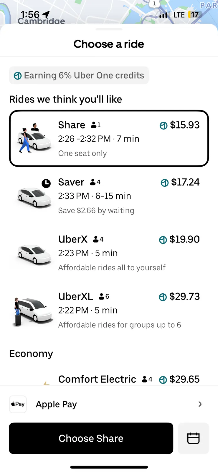 Uber Share 和 Saver 選項截圖