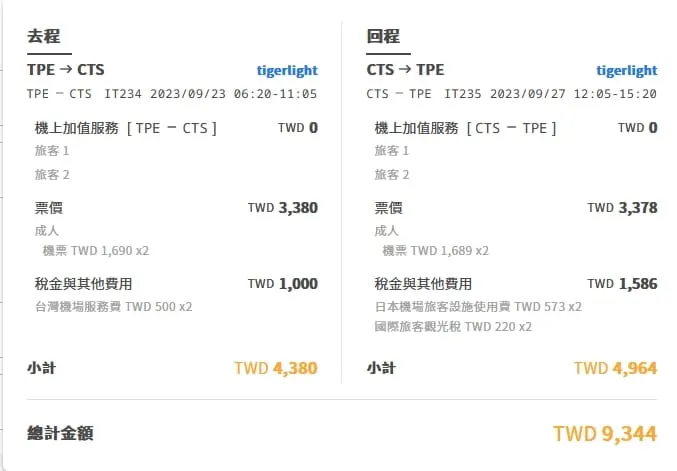 虎航雙人來回北海道9344,是真的很便宜