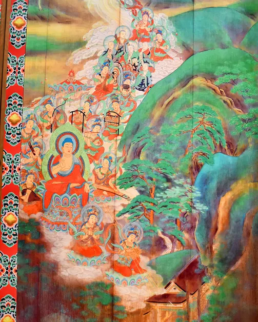 描繪阿彌陀如來等眾多菩薩的復原摹寫圖畫。（圖片來源：朝日新聞）