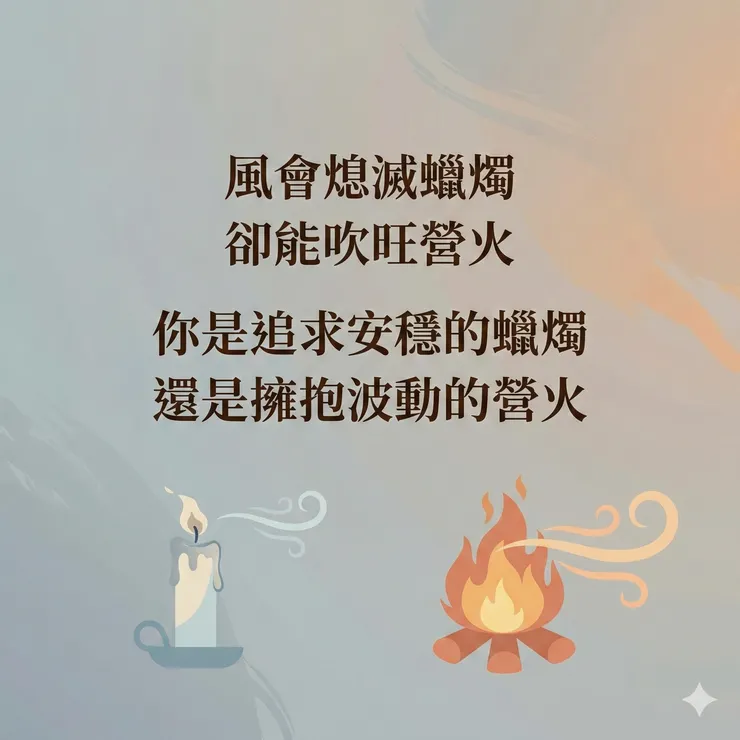 風會熄滅蠟燭,卻能吹旺營火;你是追求安穩的蠟燭,還是擁抱波動的營火。