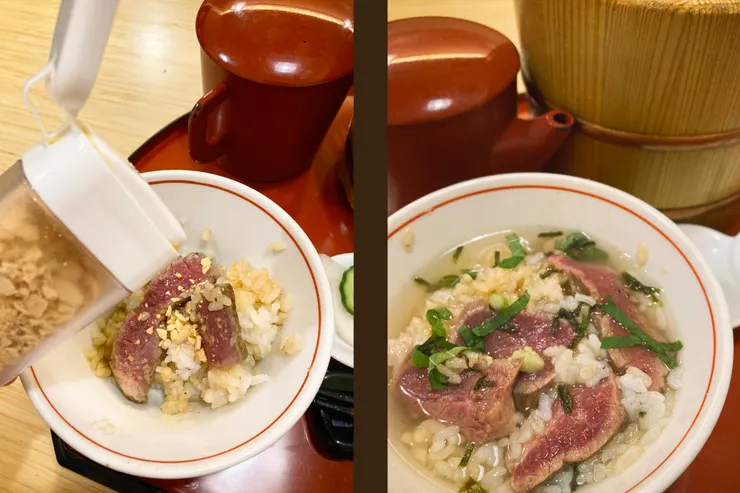 第二吃是加入店家自製醬汁蒜片; 第三吃則是用茶泡飯來做完美的收尾