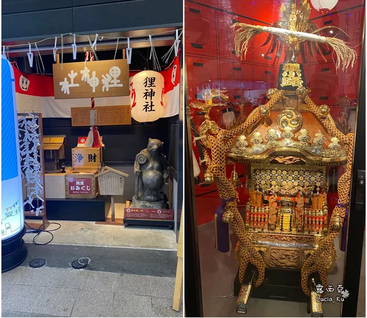 左：商店街裡的狸神社，跟之前看到的狸大明狸貓兄好像不太一樣，好像有另一間比較本部的。 右：好像是神轎欸，如果有啟用就真的很酷。