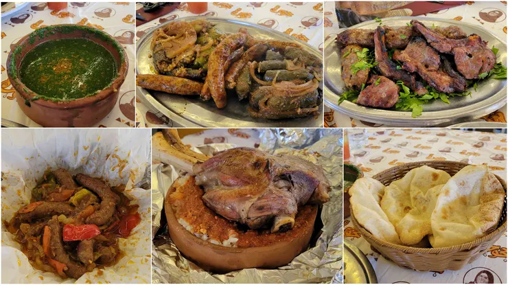 左上依序到右下：蔴薏湯、蔬菜塞飯&牛腸塞飯(Mahshi&Mombar)、肋排、香料香腸、牛肉Fatta、大餅