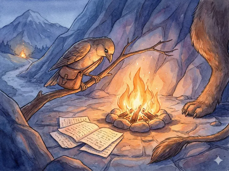 這一格讓不安有了形狀:山腰的信差悄悄飛來,盯著火邊的字,預告之後那場隔空評斷。