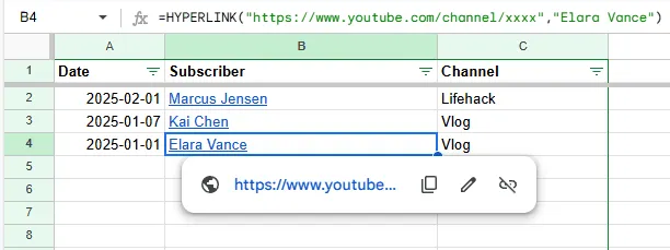 圖一：腳本利用 HYPERLINK 函數，將訂閱者名稱變成可一鍵點擊的頻道連結，讓互動變得超簡單。