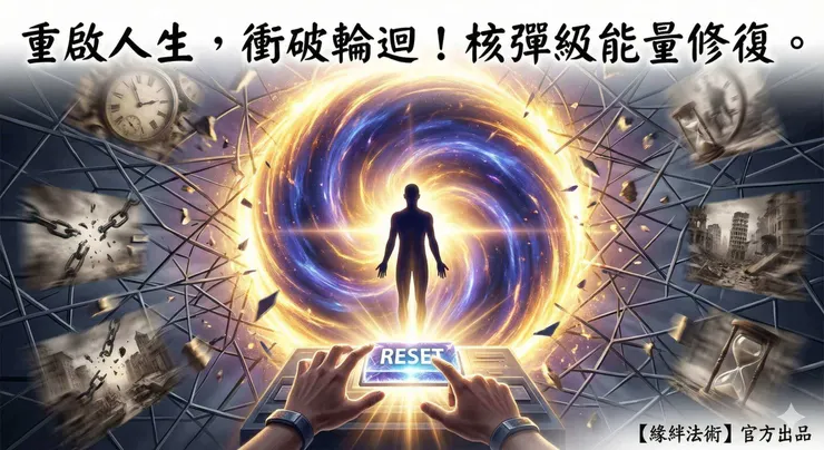 緣絆法術能量修復首圖，象徵一個人衝破命運重複輪迴的舊有能量場，迎向光明新局。