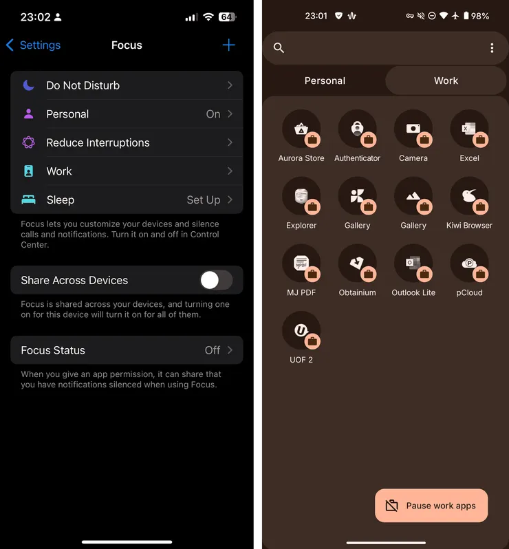 iOS系統沒有類似安卓系統的work profile功能(右),僅有專注模式可使用 (左)