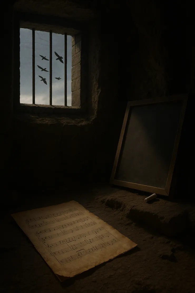 鐵窗之外，鳥兒展翅飛翔。 一頁樂譜靜靜攤開，音符像白鳥升起。 石板與粉筆在洞裡回應，沙沙作響。 這一夜，牆和洞穴同時唱出自由。