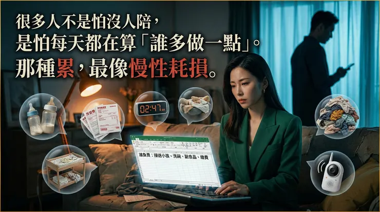 很多伴侶真正被磨損的,不是某一次吵架,而是「長期覺得不公平」+「情緒勞動一直由同一個人扛」。研究與回顧文獻普遍支持:家務/育兒分工的公平感與關係滿意度、衝突程度存在穩定關聯——它不一定是唯一原因,但很常是日常耗損的重要來源之一。