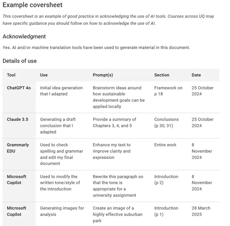 昆士蘭大學圖書館提供的作業致謝範例