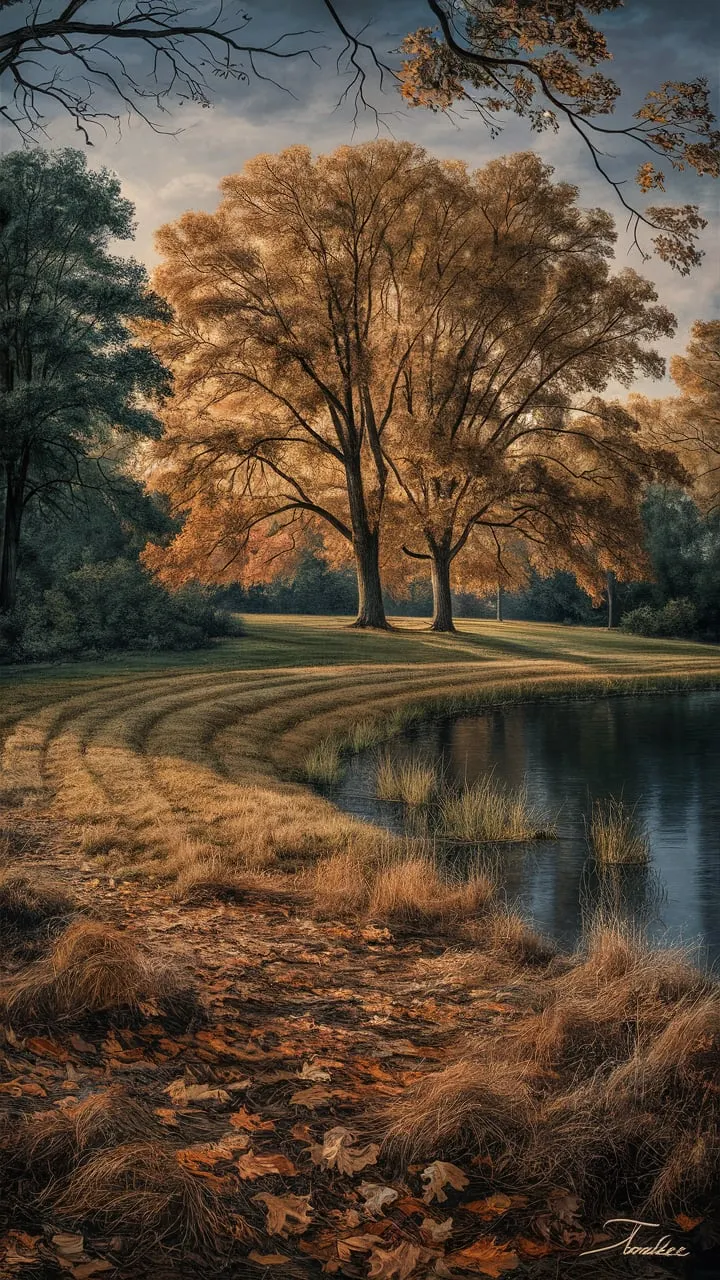 This awe-inspiring meticulously detailed, hyperrealist, technical painting with sharp detail in the foreground, masterfully signed by Tomelee, the artist expertly blends the styles of John Cogan, Norman Rockwell, Bruce Brenneise, Gustave Courbet, John William Waterhouse, Boris Vallejo, and Dave Seeley. The painting captures a serene autumn landscape, transporting viewers into a meticulously rendered setting that exudes a timeless sense of peace. The setting unfolds with lush detail, showcasing the golden hues of autumn in the foreground where fallen leaves and grasses create a tapestry of warm colors underfoot. The pond curves gently into the middle ground, a soft invitation to wander visually deeper into the scene. Large, mature trees frame the left side of the image, their branches heavy with autumn leaves in rich tones of amber, gold, and rust, lending the composition a sense of classical framing while grounding it in an autumnal color palette. Wildflowers, muted yet distinct, speckle the ground, adding texture and vibrancy to the foreground and reinforcing the sense of depth. The water itself is captured with astounding precision, its reflective surface mirroring the scattered clouds and hinting at the surrounding colors, creating a visual connection between the water and sky that evokes a sense of harmony within the natural world.  In the distance, several small figures stand at the edge of the water, hinting at quiet, purposeful activity, perhaps fishing or simply enjoying the natural surroundings. These figures are subtly rendered, blending with the hazier, atmospheric quality of the background to keep the focus on the woman and the ducks while adding life to the overall composition. The interplay of warm, soft light and natural shadow across the landscape brings out a comforting sense of depth and warmth, enhanced by the carefully observed atmospheric perspective that blurs and softens the distant trees, creating a feeling of space and tranquility. 