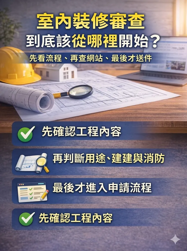 室內裝修審查前，應先確認工程內容是否屬於法規上的室內裝修，再判斷是否涉及用途變更、違建、消防或屋頂既存違建等問題，最後再依案件條件進入正確申請流程。